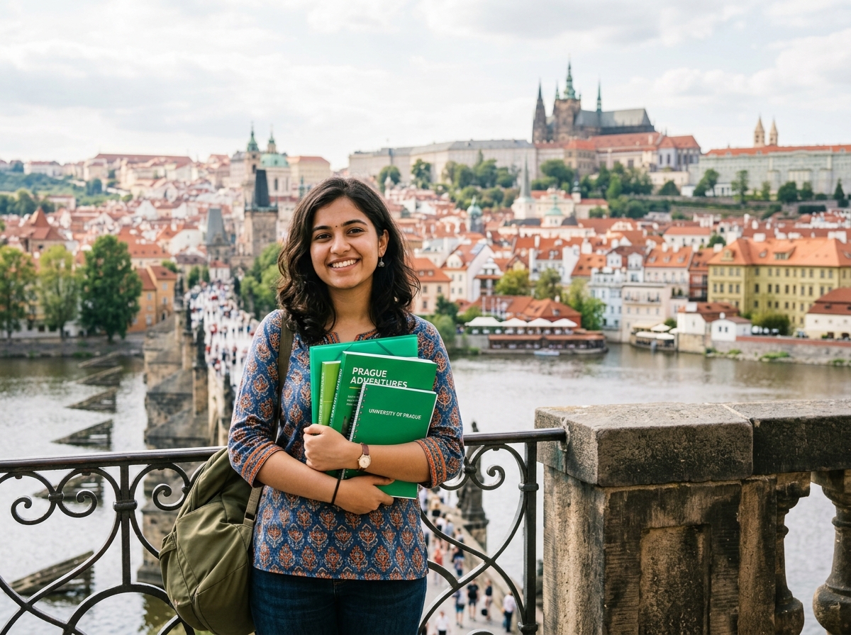Student in Prague holding books